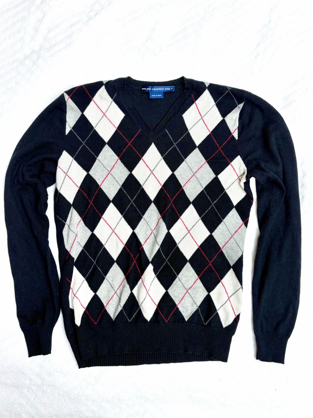 Men's Black Argyle V-Neck Sweater with White & Gray Diamonds